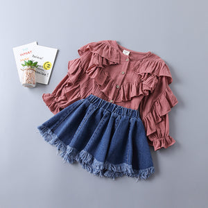 Solid Color Shirt And Denim Skirt 2 Piece