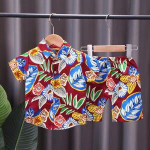Boy Leaves Print Beach Shirt & Short Sets