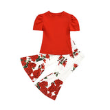 Girl Puff Sleeve Ribbed Top With Flower Pant Set