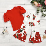 Girl Puff Sleeve Ribbed Top With Flower Pant Set