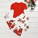 Girl Puff Sleeve Ribbed Top With Flower Pant Set