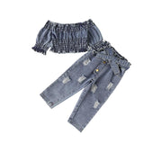 Denim Ruched Off Shoulder Top & Trousers Girls Sets