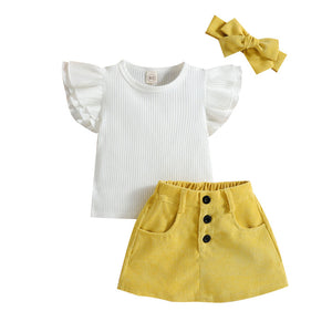 Baby Girl Ribbed Top & Corduroy Skirt & Headband Sets