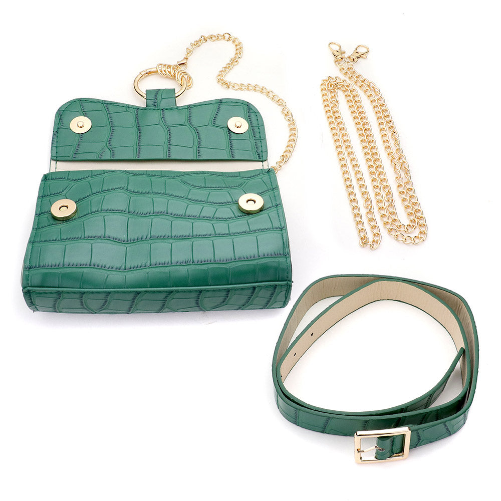 Draped Chain Alligator Pattern Faux Leather Clutch