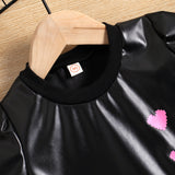 Girls Short Sleeve Heart Print PU Dress