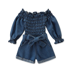 Girls Off Shoulder Denim Romper