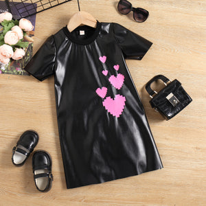 Girls Short Sleeve Heart Print PU Dress
