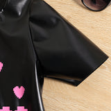 Girls Short Sleeve Heart Print PU Dress