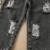Girl Shoulder Off Ruffled Top & Ripped Jeans Set