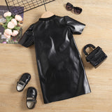 Girls Short Sleeve Heart Print PU Dress