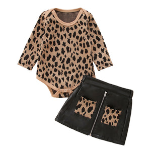 Baby Girl Leopard Leather Skirt 2-Piece Set