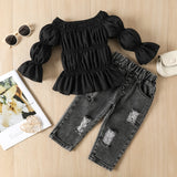 Girl Shoulder Off Ruffled Top & Ripped Jeans Set