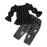 Girl Shoulder Off Ruffled Top & Ripped Jeans Set