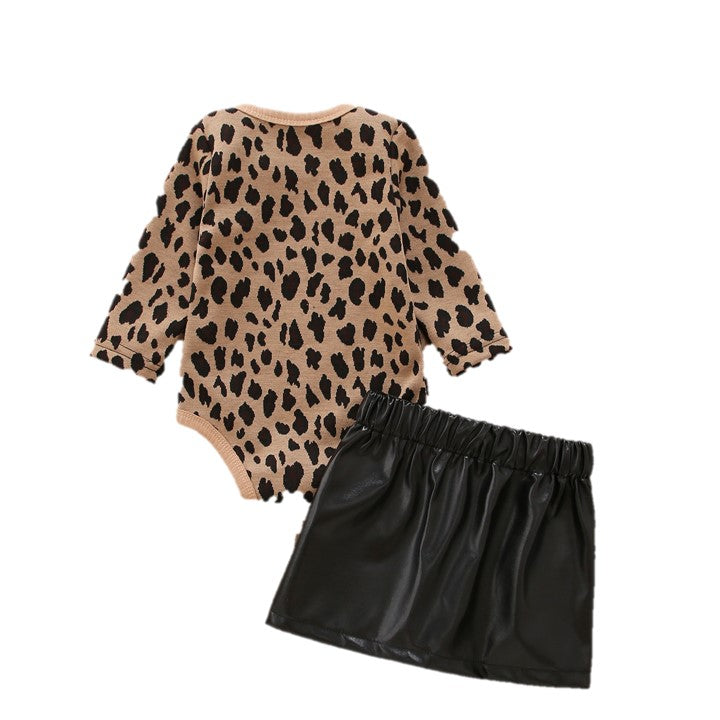 Baby Girl Leopard Leather Skirt 2-Piece Set
