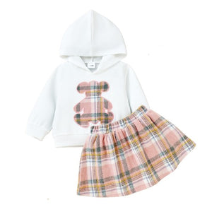 Baby Girl Bear Print Plaid Long Sleeve Hoodie & Skirt 2-piece Set