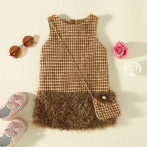 2-piece Plaid Plush Sleeveless Dress/Matching Bag